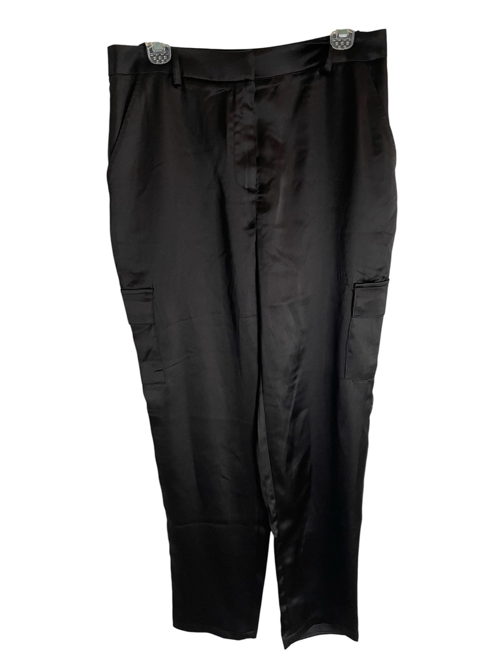Bailey 44 Black Satin Cargo Pants Tapered Leg High Rise Waist Size Large